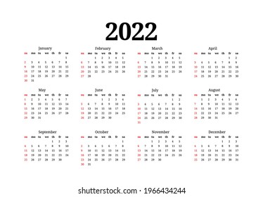 Calendar for 2022 isolated on a white background. Sunday to Monday, business template. Vector illustration