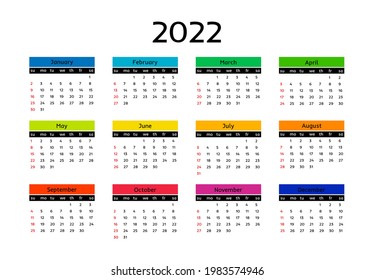 Calendar for 2022 isolated on a white background. Sunday to Monday, business template. Vector illustration
