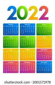 Calendar for 2022 isolated on a white background. Sunday to Monday, business template. Vector illustration