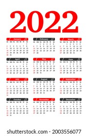 Calendar for 2022 isolated on a white background. Sunday to Monday, business template. Vector illustration