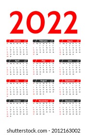 Calendar for 2022 isolated on a white background. Sunday to Monday, business template. Vector illustration