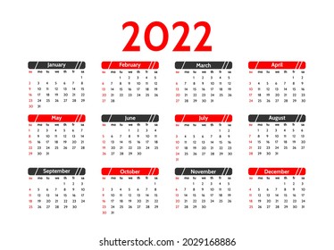 Calendar for 2022 isolated on a white background. Sunday to Monday, business template. Vector illustration
