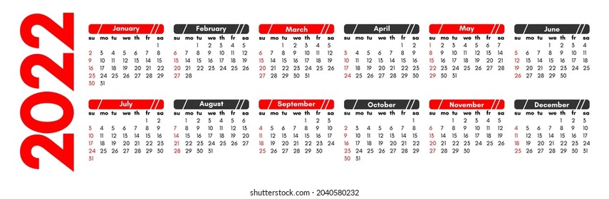 Calendar for 2022 isolated on a white background. Sunday to Monday, business template. Vector illustration