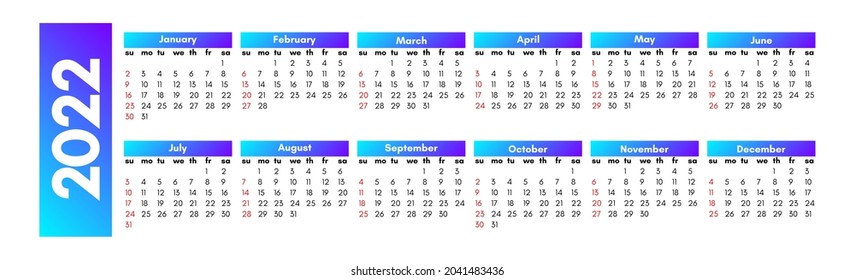 Calendar for 2022 isolated on a white background. Sunday to Monday, business template. Vector illustration