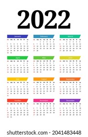 Calendar for 2022 isolated on a white background. Sunday to Monday, business template. Vector illustration