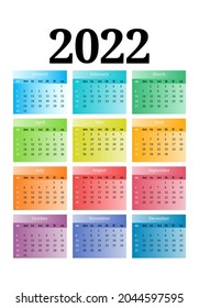 Calendar for 2022 isolated on a white background. Sunday to Monday, business template. Vector illustration