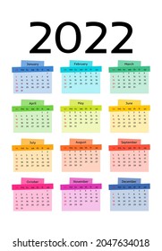 Calendar for 2022 isolated on a white background. Sunday to Monday, business template. Vector illustration