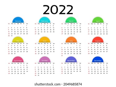 Calendar for 2022 isolated on a white background. Sunday to Monday, business template. Vector illustration