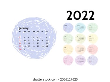 Calendar for 2022 isolated on a white background. Sunday to Monday, business template. Vector illustration