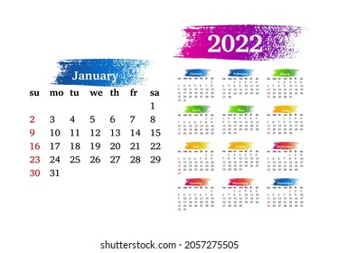Calendar for 2022 isolated on a white background. Sunday to Monday, business template. Vector illustration