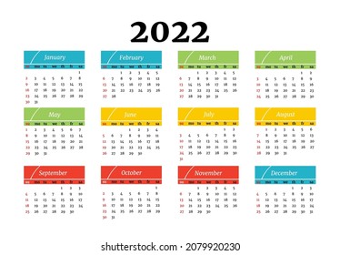 Calendar for 2022 isolated on a white background. Sunday to Monday, business template. Vector illustration