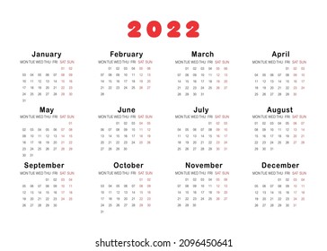 Calendar for 2022 isolated on a white background. Sunday to Monday, business template. Vector illustration	