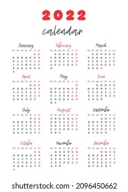 Calendar for 2022 isolated on a white background. Sunday to Monday, business template. Vector illustration	