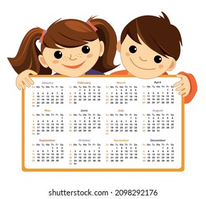 Calendar For 2022 Isolated On A White Background. Sunday To Monday.Vector Character, Kids Figures Boy And Girl.		
