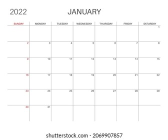 Calendar 2022. January month. Sunday week start. Printable calendar template for planners. Week number. Minimalist style.