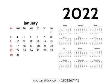Calendar for 2022 with large January isolated on a white background. Sunday to Monday, business template. Vector illustration