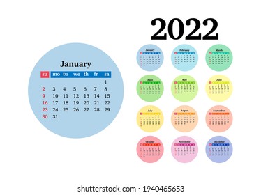 Calendar for 2022 with large January isolated on a white background. Sunday to Monday, business template. Vector illustration