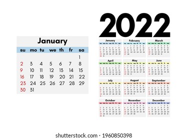 Calendar for 2022 with large January isolated on a white background. Sunday to Monday, business template. Vector illustration