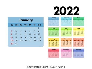 Calendar for 2022 with large January isolated on a white background. Sunday to Monday, business template. Vector illustration