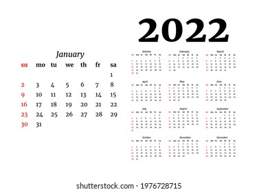 Calendar for 2022 with large January isolated on a white background. Sunday to Monday, business template. Vector illustration