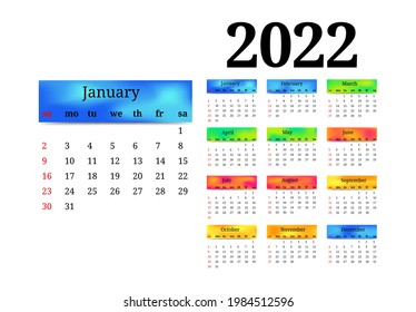Calendar for 2022 with large January isolated on a white background. Sunday to Monday, business template. Vector illustration