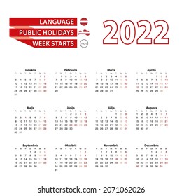 Calendario 2022 en letón con feriados públicos en el país en 2022. La semana comienza el lunes. Ilustración vectorial.