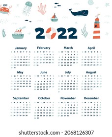 Calendar 2022 with marine animal. Hand drawn vector illustration