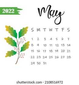 Calendario de 2022 de mayo con hojas