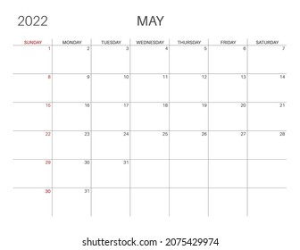 Calendar 2022. May month. Monday week start. Printable calendar template for planners. Week number. Minimalist style.