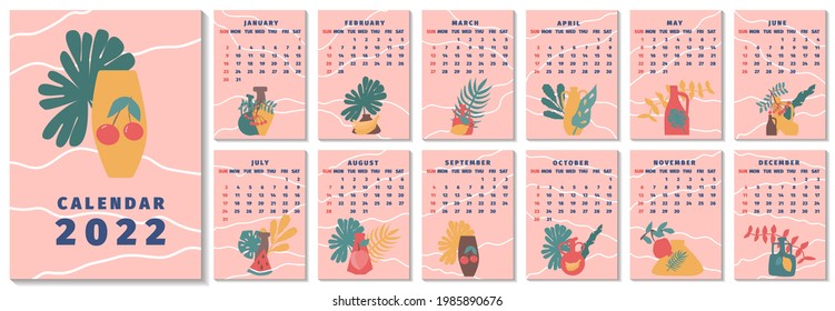 Calendar 2022 in minimal boho style vector illustration.