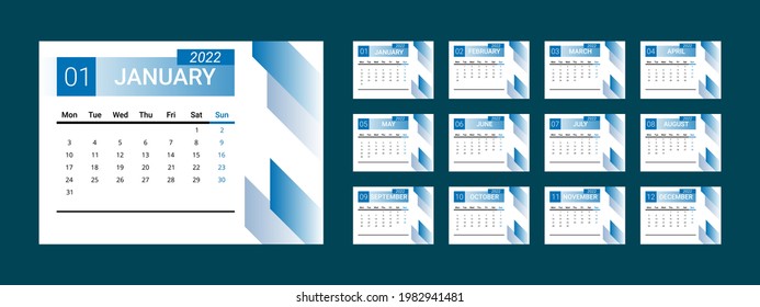 
calendar 2022 with minimal design. vector of desk calender 2022. week start on monday. blue themes. sunday as weekend.