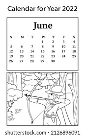 Calendario para 2022. Mes de junio. Libro de colorear vectores. Arquero en el bosque cazando animales.
