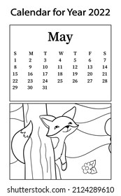 Calendar for 2022. Month of May. Vector coloring book. The fox peeks out from behind a tree.