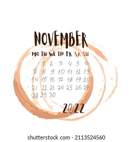 calendar 2022 month november, november page with coffee for tear-off calendar- vector illustration with coffee stains