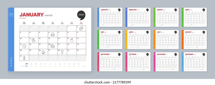 Calendar 2022 Month Schedule. Apple, Food Delivery And Cherry Minimal Line Icons. Frying Pan, Ice Cream, Pistachio Nut Icons. Espresso, Beer Glass, Water Bottle Web Elements. Vector