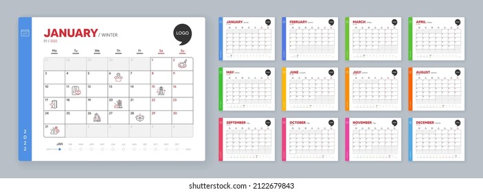 Calendar 2022 month schedule. Package location, Entrance and Palette minimal line icons. Parcel checklist, Skyscraper buildings, Lighthouse icons. Vector