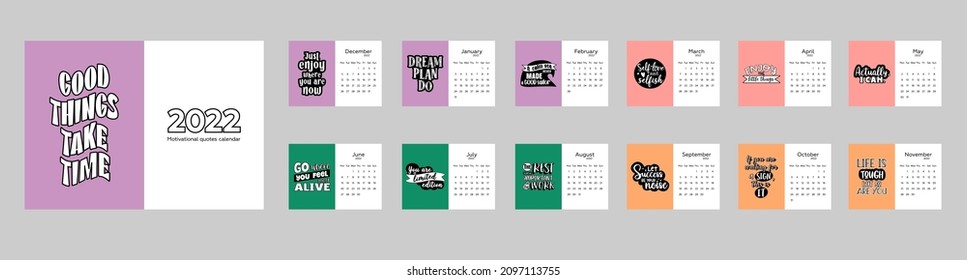 Calendar 2022. Monthly design with motivational quotes. Weeks start on Monday. Business planner.  Vector template for table calendar.