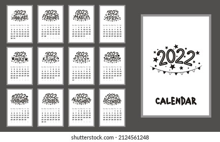 Calendar 2022. Monthly themed calendar. Template with seasonal themed titles. Blanks for 12 months. Vector illustration.