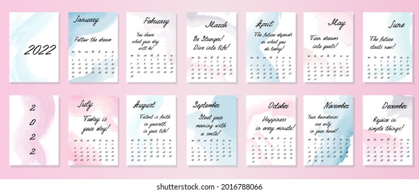 Calendar for 2022 with motivational phrases. Minimalistic design for calendar. Watercolor design for calendar.