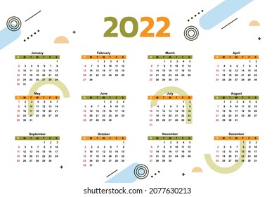 Calendar of 2022 new year template vector design with cute colorful abstract geometric