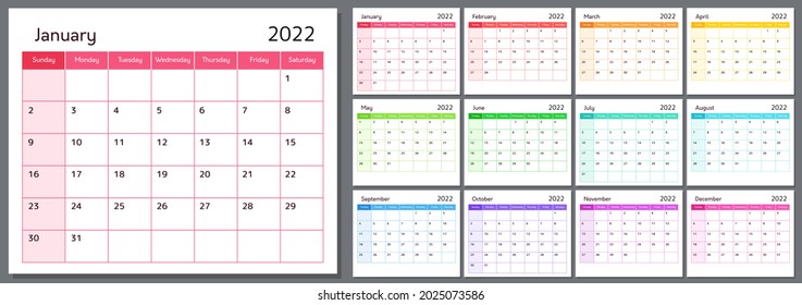 Calendar for 2022 new year, week starts on sunday. Template planner for schedule, planning events and holidays. Vector rainbow colored organizer grid for each month