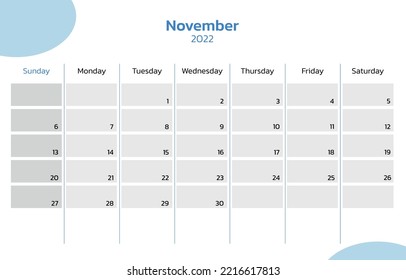 Calendar 2022 November Week Start Sunday Design Corporate Vector Planner