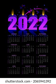Calendar for 2022 on the background of burning candle numbers. Vector illustration