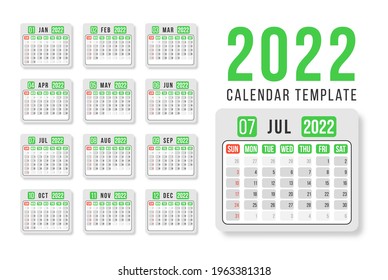 Calendar for 2022 on White Background for organization and business.