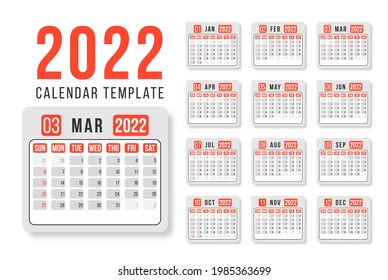 Calendar for 2022 on White Background for organization and business.