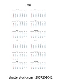 CALENDARIO PARA 2022, EN UN FONDO BLANCO.