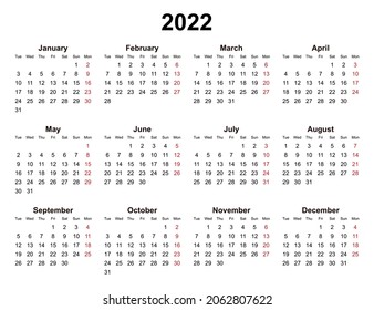 calendar for 2022 on white background