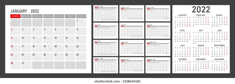 Calendar for 2022 on a white background. Monthly calendar for 2022. The week starts on Sunday.