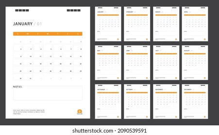 Calendar for 2022 Orange background. Corporate design planner template.
