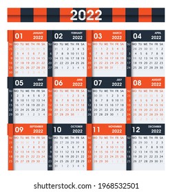 Calendario para 2022. Naranja y gris. Diseño plano. Aislado en blanco. La semana comienza el domingo. Ilustración de vector de negocio.